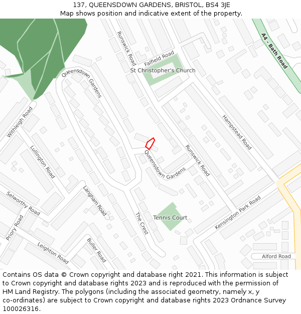 137, QUEENSDOWN GARDENS, BRISTOL, BS4 3JE: Location map and indicative extent of plot