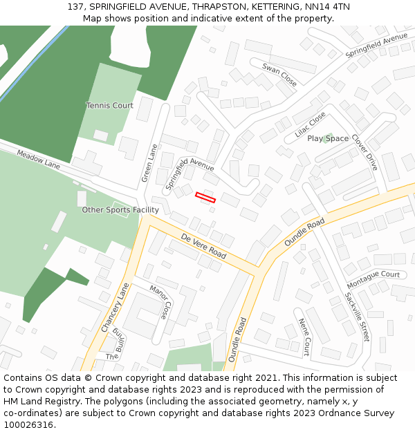 137, SPRINGFIELD AVENUE, THRAPSTON, KETTERING, NN14 4TN: Location map and indicative extent of plot