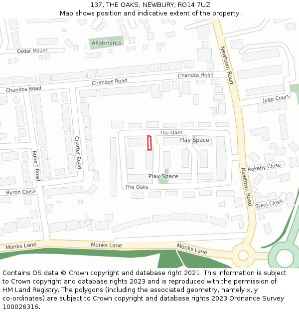 137, THE OAKS, NEWBURY, RG14 7UZ: Location map and indicative extent of plot