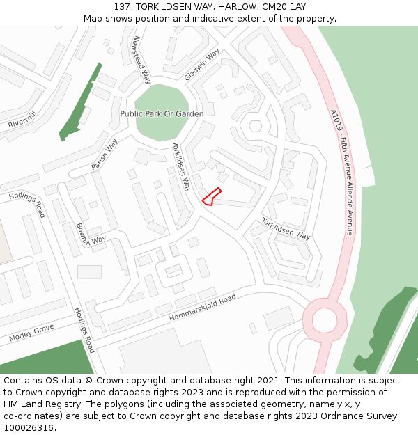 137, TORKILDSEN WAY, HARLOW, CM20 1AY: Location map and indicative extent of plot