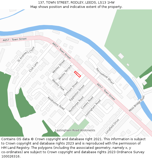 137, TOWN STREET, RODLEY, LEEDS, LS13 1HW: Location map and indicative extent of plot