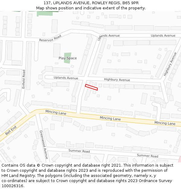 137, UPLANDS AVENUE, ROWLEY REGIS, B65 9PR: Location map and indicative extent of plot