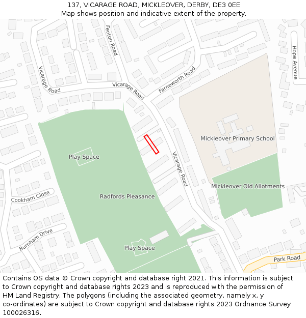 137, VICARAGE ROAD, MICKLEOVER, DERBY, DE3 0EE: Location map and indicative extent of plot