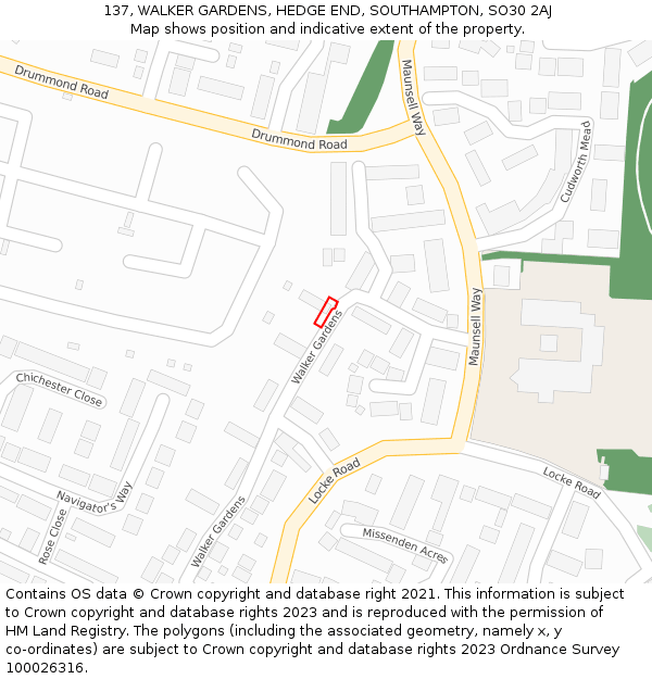 137, WALKER GARDENS, HEDGE END, SOUTHAMPTON, SO30 2AJ: Location map and indicative extent of plot