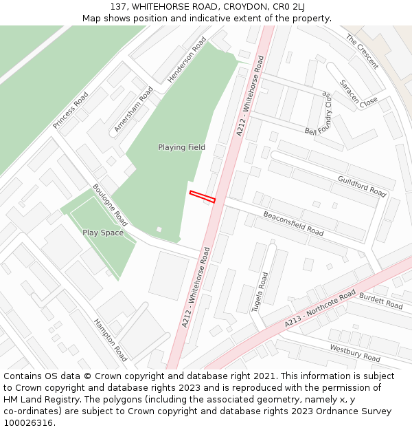 137, WHITEHORSE ROAD, CROYDON, CR0 2LJ: Location map and indicative extent of plot
