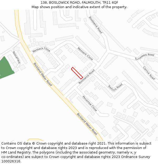 138, BOSLOWICK ROAD, FALMOUTH, TR11 4QF: Location map and indicative extent of plot