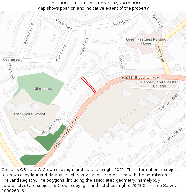 138, BROUGHTON ROAD, BANBURY, OX16 9QQ: Location map and indicative extent of plot
