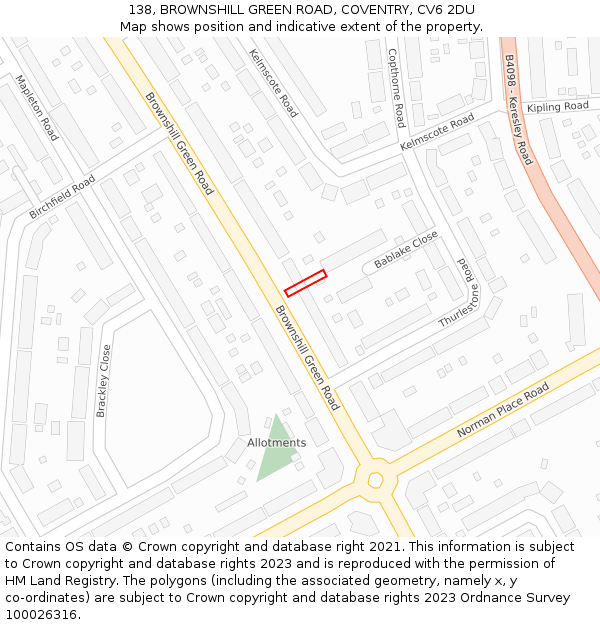 138, BROWNSHILL GREEN ROAD, COVENTRY, CV6 2DU: Location map and indicative extent of plot
