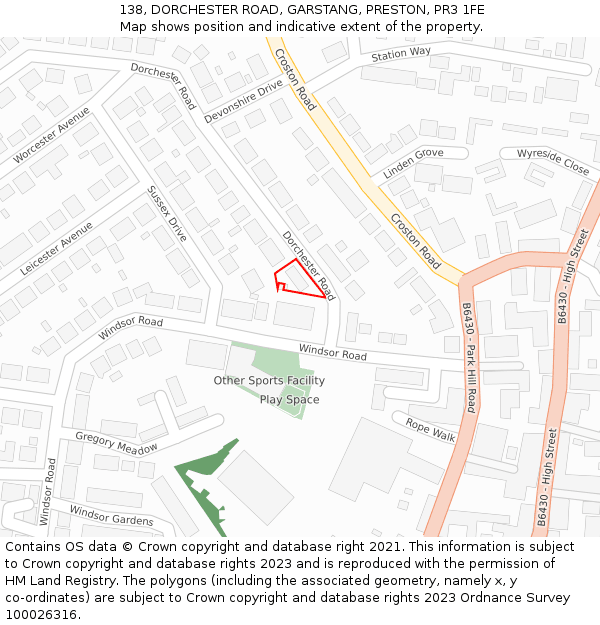 138, DORCHESTER ROAD, GARSTANG, PRESTON, PR3 1FE: Location map and indicative extent of plot