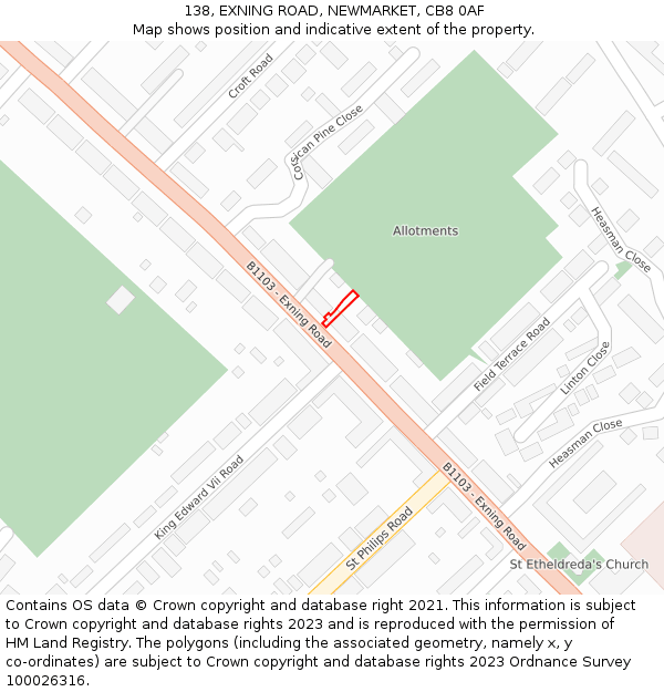 138, EXNING ROAD, NEWMARKET, CB8 0AF: Location map and indicative extent of plot