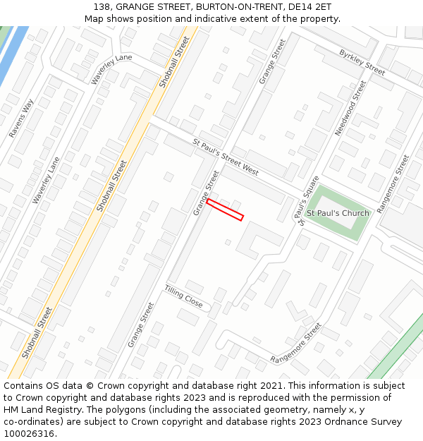 138, GRANGE STREET, BURTON-ON-TRENT, DE14 2ET: Location map and indicative extent of plot