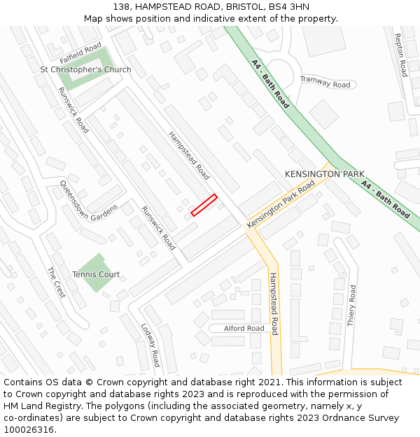 138, HAMPSTEAD ROAD, BRISTOL, BS4 3HN: Location map and indicative extent of plot