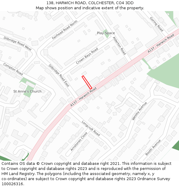 138, HARWICH ROAD, COLCHESTER, CO4 3DD: Location map and indicative extent of plot