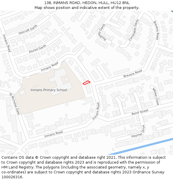 138, INMANS ROAD, HEDON, HULL, HU12 8NL: Location map and indicative extent of plot