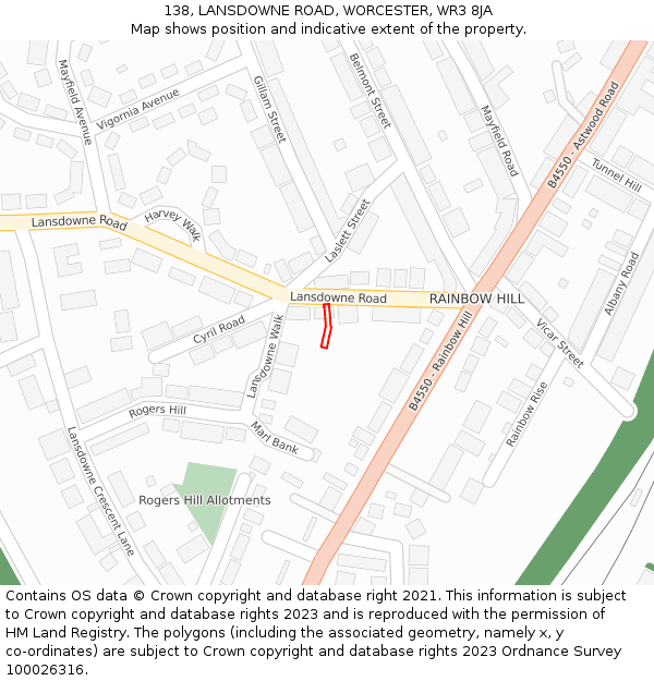 138, LANSDOWNE ROAD, WORCESTER, WR3 8JA: Location map and indicative extent of plot