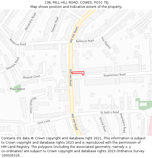 138, MILL HILL ROAD, COWES, PO31 7EJ: Location map and indicative extent of plot