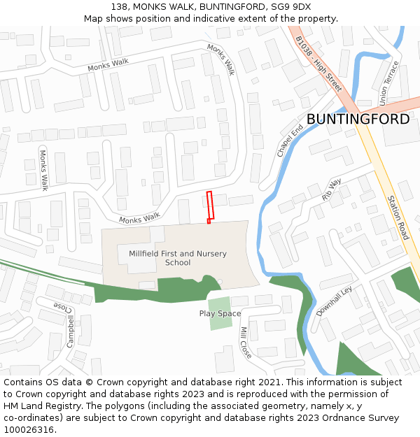 138, MONKS WALK, BUNTINGFORD, SG9 9DX: Location map and indicative extent of plot