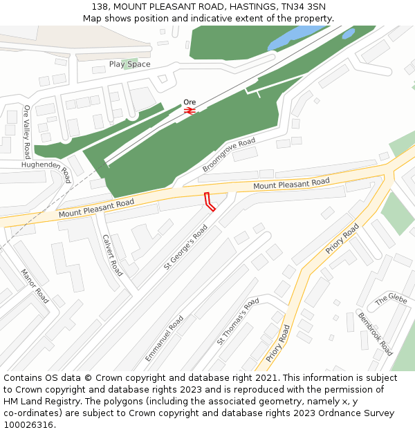 138, MOUNT PLEASANT ROAD, HASTINGS, TN34 3SN: Location map and indicative extent of plot