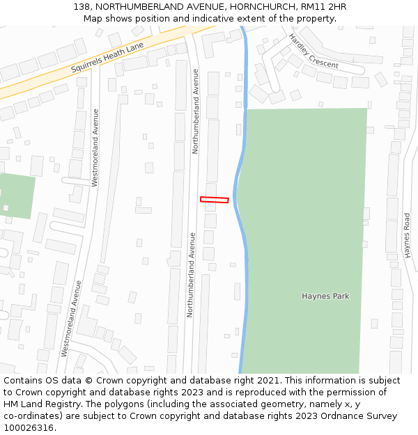 138, NORTHUMBERLAND AVENUE, HORNCHURCH, RM11 2HR: Location map and indicative extent of plot