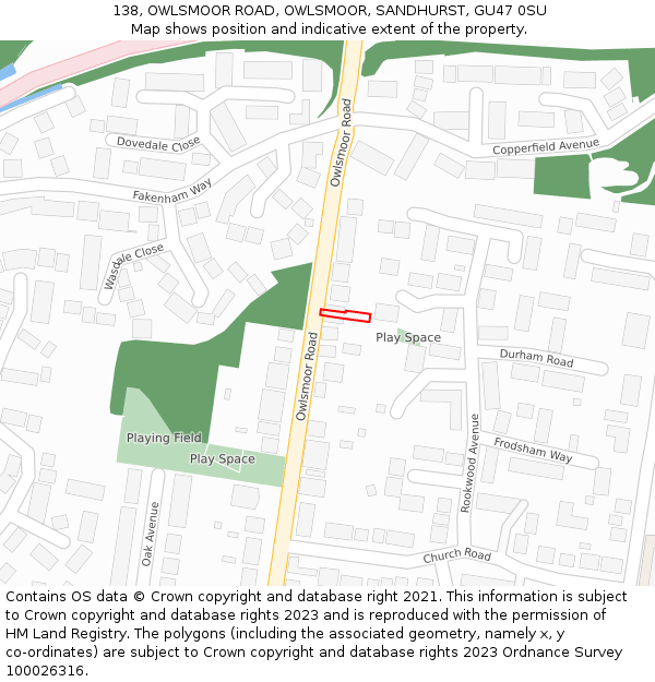 138, OWLSMOOR ROAD, OWLSMOOR, SANDHURST, GU47 0SU: Location map and indicative extent of plot