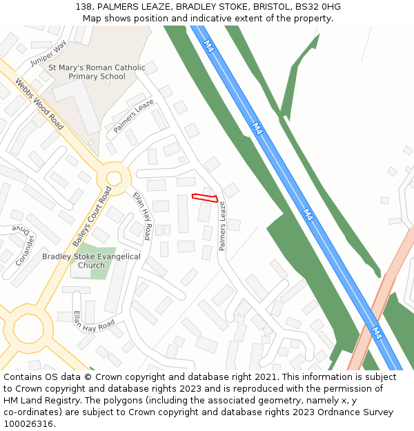 138, PALMERS LEAZE, BRADLEY STOKE, BRISTOL, BS32 0HG: Location map and indicative extent of plot