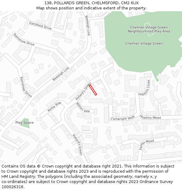 138, POLLARDS GREEN, CHELMSFORD, CM2 6UX: Location map and indicative extent of plot
