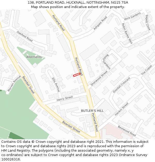 138, PORTLAND ROAD, HUCKNALL, NOTTINGHAM, NG15 7SA: Location map and indicative extent of plot