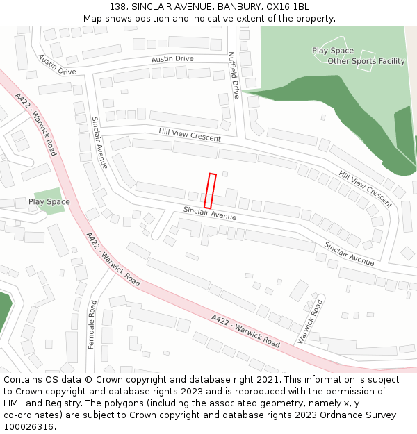 138, SINCLAIR AVENUE, BANBURY, OX16 1BL: Location map and indicative extent of plot