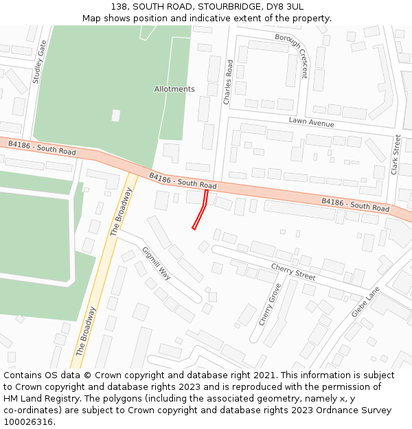 138, SOUTH ROAD, STOURBRIDGE, DY8 3UL: Location map and indicative extent of plot