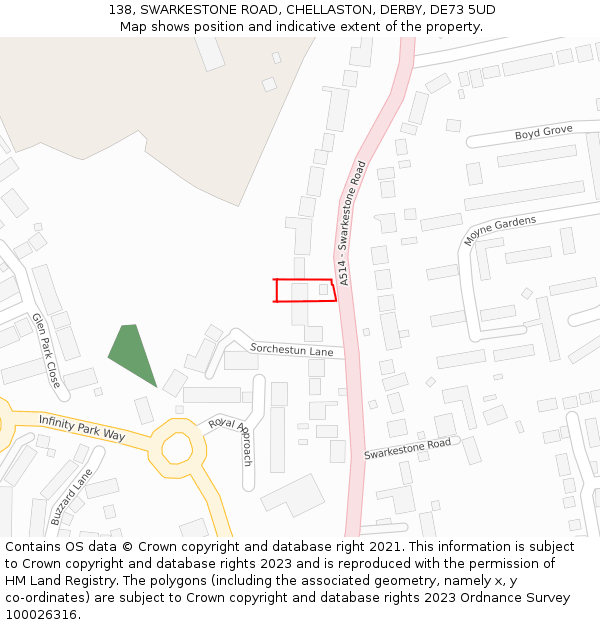 138, SWARKESTONE ROAD, CHELLASTON, DERBY, DE73 5UD: Location map and indicative extent of plot