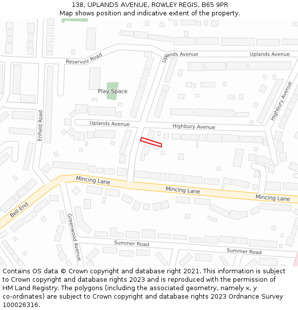 138, UPLANDS AVENUE, ROWLEY REGIS, B65 9PR: Location map and indicative extent of plot