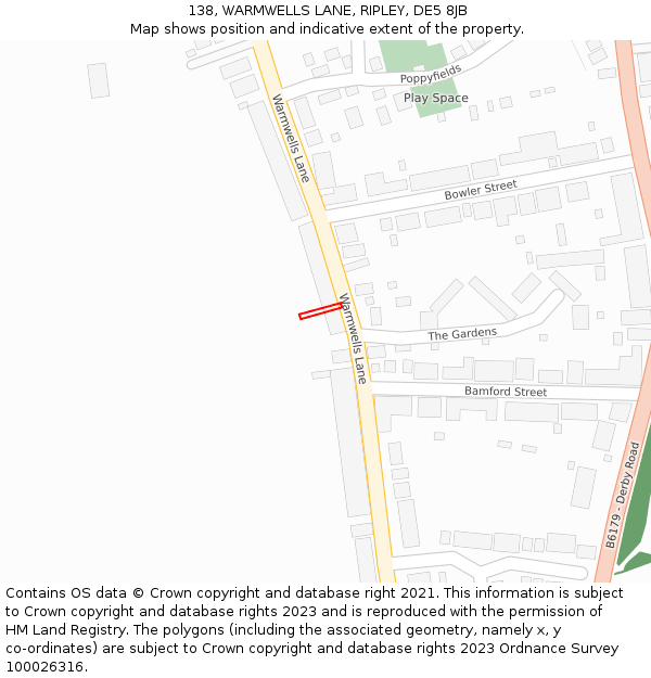 138, WARMWELLS LANE, RIPLEY, DE5 8JB: Location map and indicative extent of plot