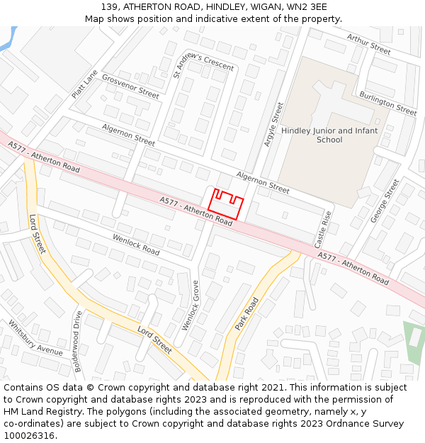 139, ATHERTON ROAD, HINDLEY, WIGAN, WN2 3EE: Location map and indicative extent of plot