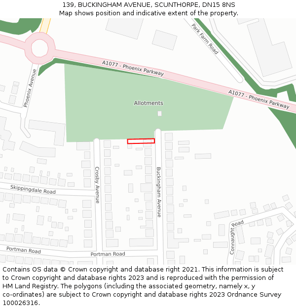 139, BUCKINGHAM AVENUE, SCUNTHORPE, DN15 8NS: Location map and indicative extent of plot