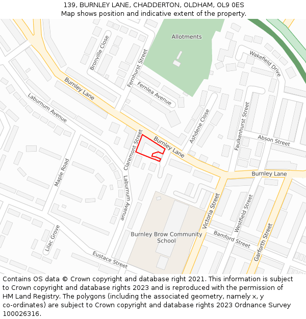 139, BURNLEY LANE, CHADDERTON, OLDHAM, OL9 0ES: Location map and indicative extent of plot