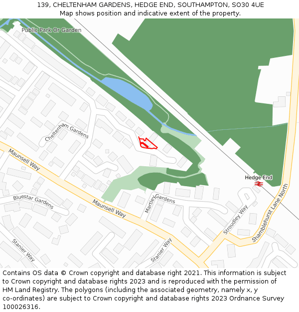 139, CHELTENHAM GARDENS, HEDGE END, SOUTHAMPTON, SO30 4UE: Location map and indicative extent of plot