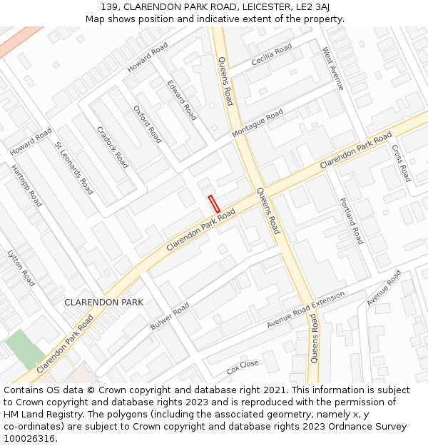 139, CLARENDON PARK ROAD, LEICESTER, LE2 3AJ: Location map and indicative extent of plot