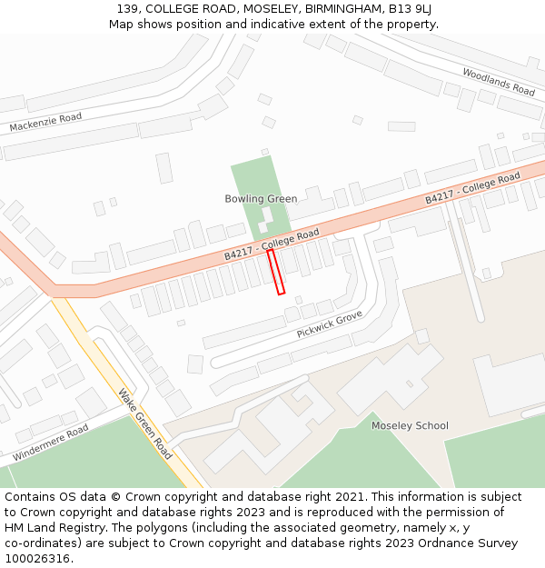 139, COLLEGE ROAD, MOSELEY, BIRMINGHAM, B13 9LJ: Location map and indicative extent of plot