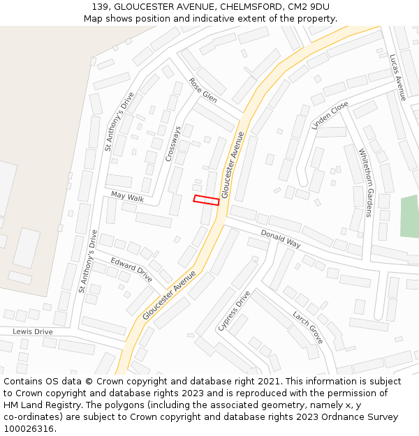 139, GLOUCESTER AVENUE, CHELMSFORD, CM2 9DU: Location map and indicative extent of plot