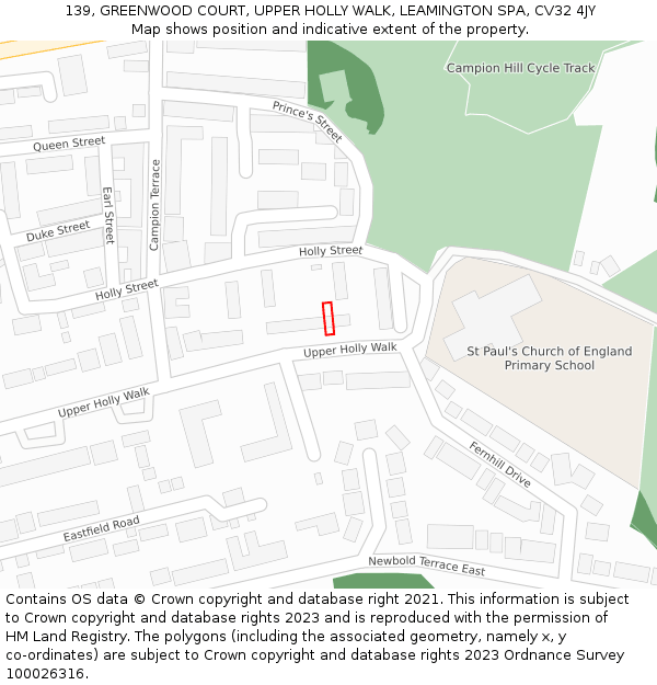 139, GREENWOOD COURT, UPPER HOLLY WALK, LEAMINGTON SPA, CV32 4JY: Location map and indicative extent of plot