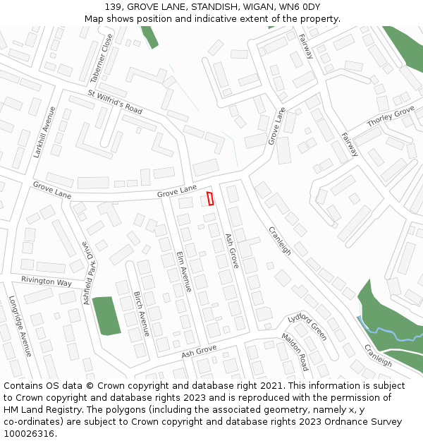 139, GROVE LANE, STANDISH, WIGAN, WN6 0DY: Location map and indicative extent of plot