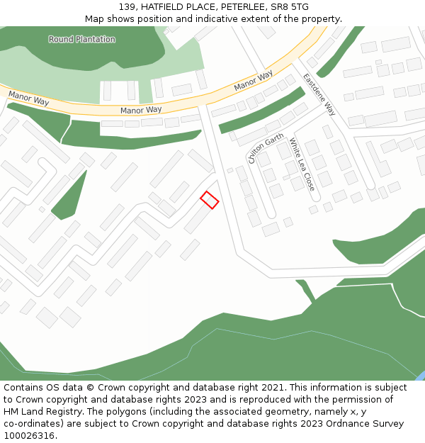 139, HATFIELD PLACE, PETERLEE, SR8 5TG: Location map and indicative extent of plot