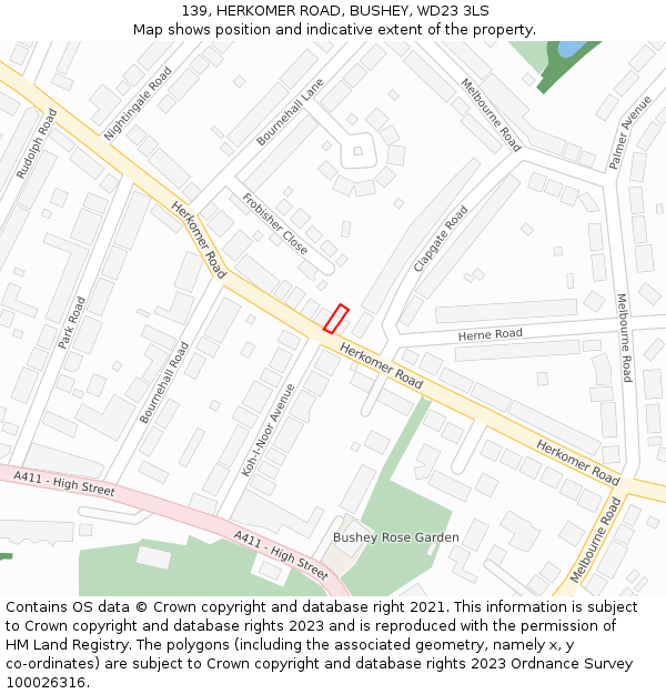139, HERKOMER ROAD, BUSHEY, WD23 3LS: Location map and indicative extent of plot