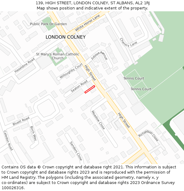 139, HIGH STREET, LONDON COLNEY, ST ALBANS, AL2 1RJ: Location map and indicative extent of plot
