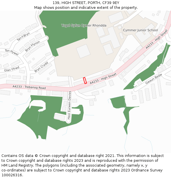 139, HIGH STREET, PORTH, CF39 9EY: Location map and indicative extent of plot