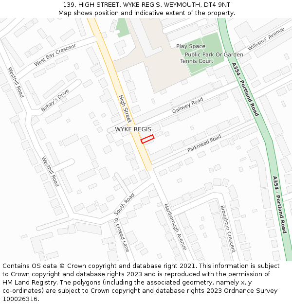139, HIGH STREET, WYKE REGIS, WEYMOUTH, DT4 9NT: Location map and indicative extent of plot