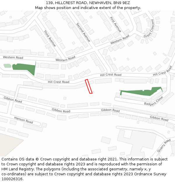 139, HILLCREST ROAD, NEWHAVEN, BN9 9EZ: Location map and indicative extent of plot