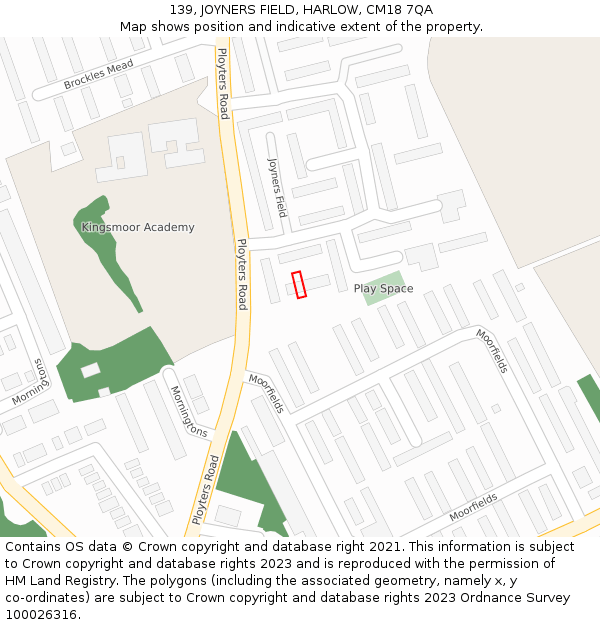 139, JOYNERS FIELD, HARLOW, CM18 7QA: Location map and indicative extent of plot