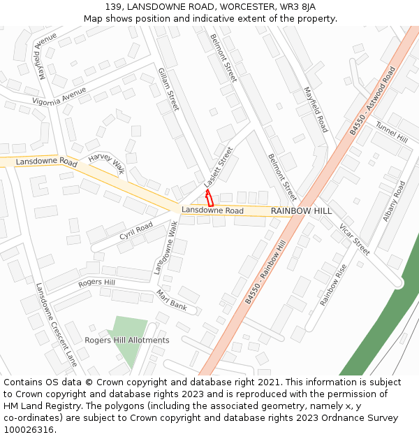 139, LANSDOWNE ROAD, WORCESTER, WR3 8JA: Location map and indicative extent of plot