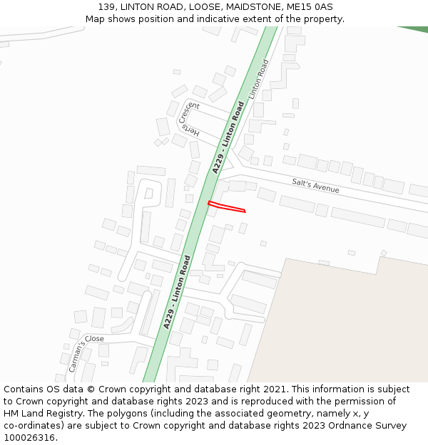 139, LINTON ROAD, LOOSE, MAIDSTONE, ME15 0AS: Location map and indicative extent of plot